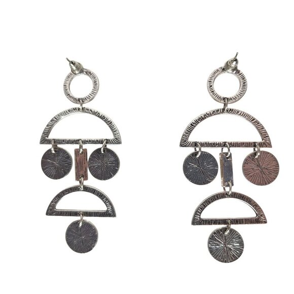 Hammered Silver Geometric Dangle Earrings With Circular & Semi-Circle Shapes - Picture 2 of 2